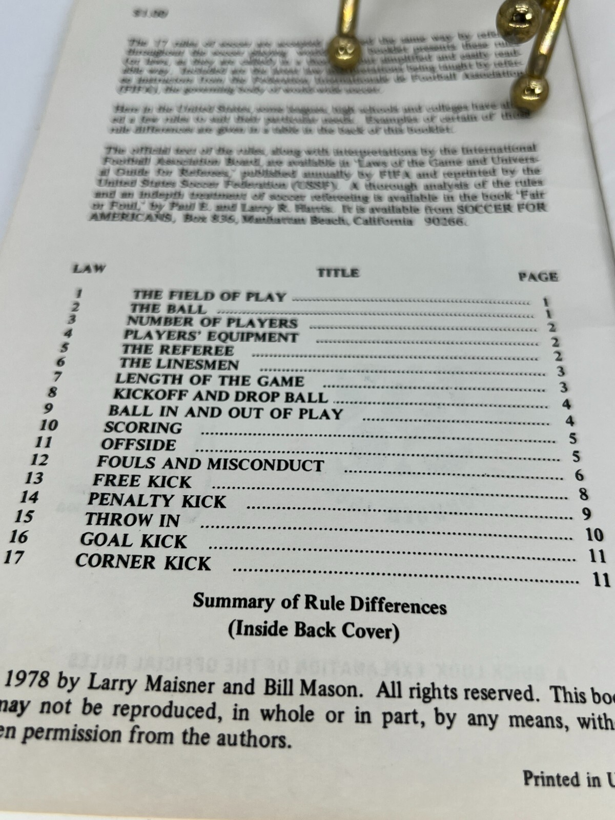 Soccer The Rules of Simplified by Mason Bill; Maisner Larry 14 pages game play
