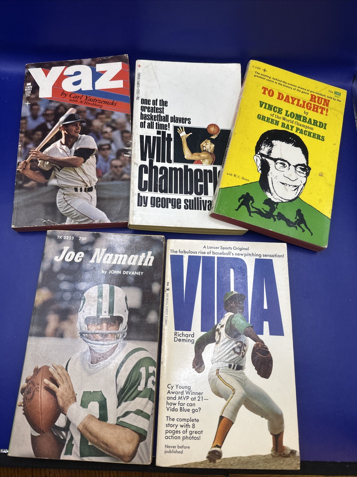 Lot of 5 Vtg Paperback Books MLB/ NFL/ NBA Vida Yaz Namath Lombardi Chamberlain