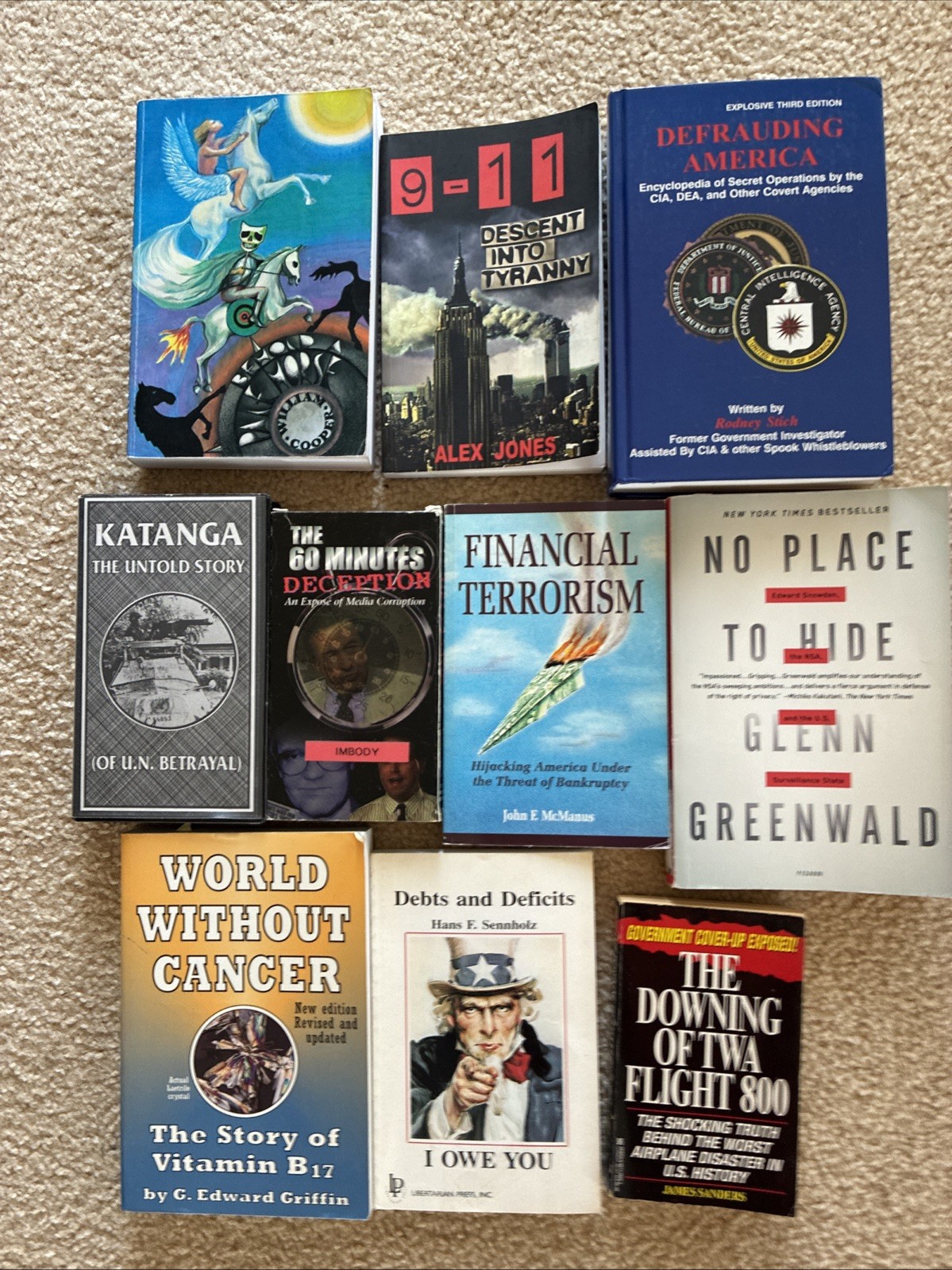 Lot of 10:8Books, 2 VHS tapes/Behold a Pale Horse/Alex Jones/McManus/Stitch