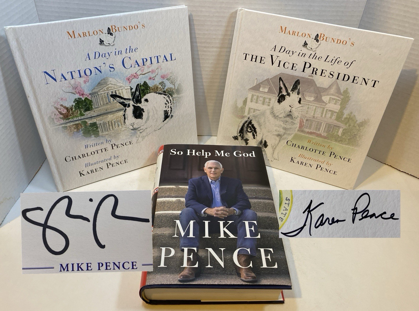 SIGNED Mike and Karen Pence books lot of 3 So Help Me God + 2x Marlon Bundo