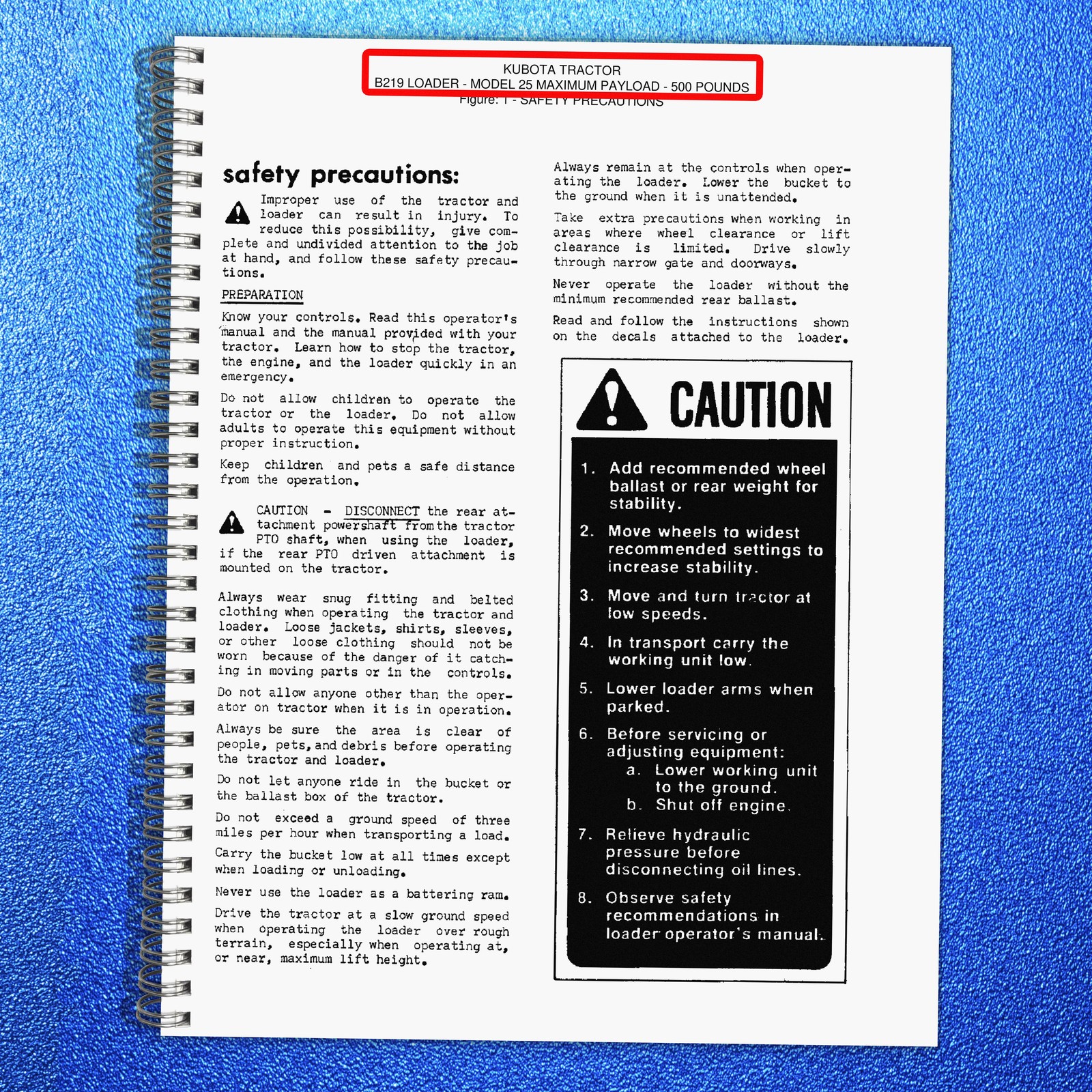 KUBOTA B219 Model 25 Loader Operators Manual – TOUGH WIRE BINDING – TOUGH COVERS