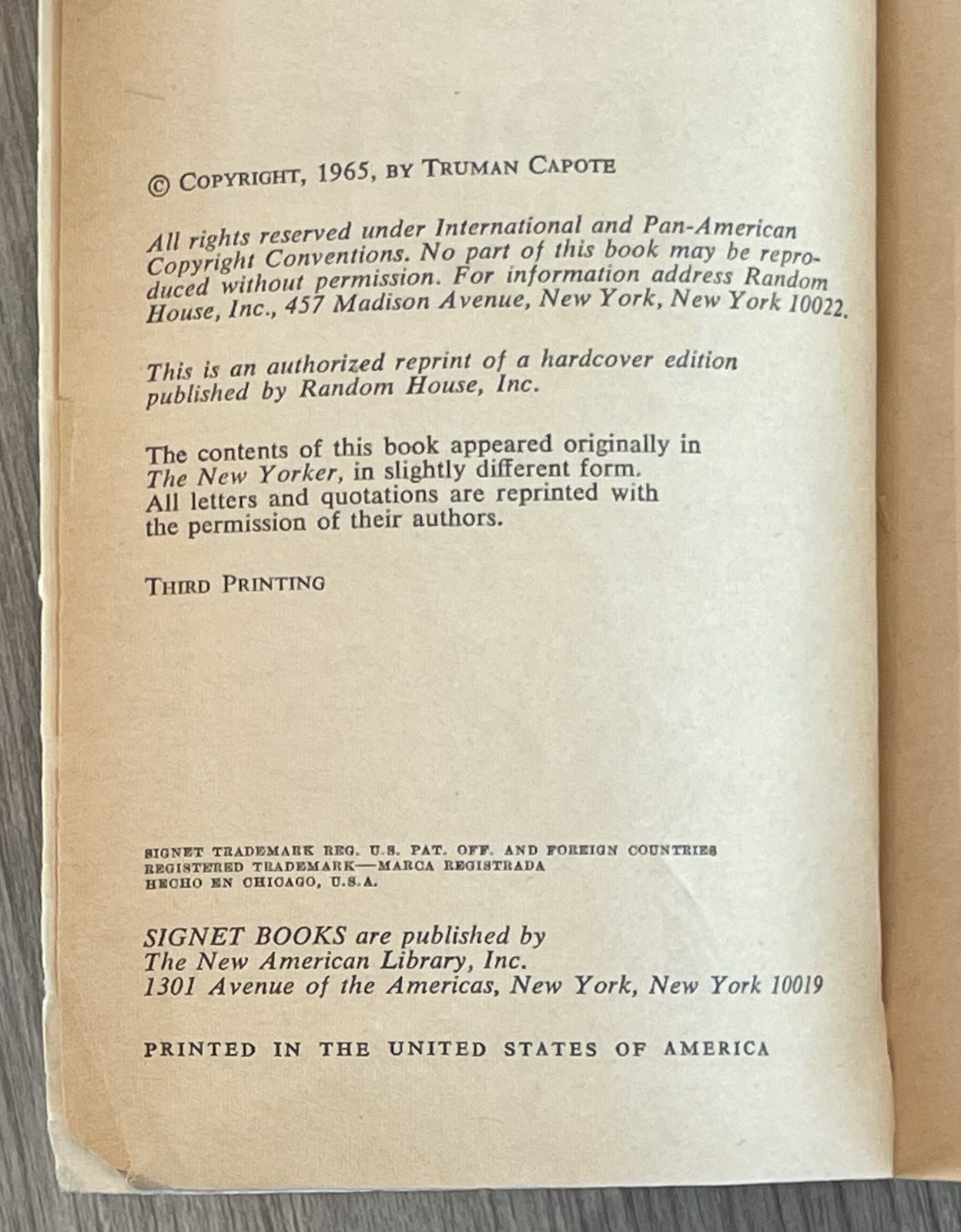 SIGNED (unauth) Truman Capote IN COLD BLOOD 1965 3rd Printing Paperback RARE