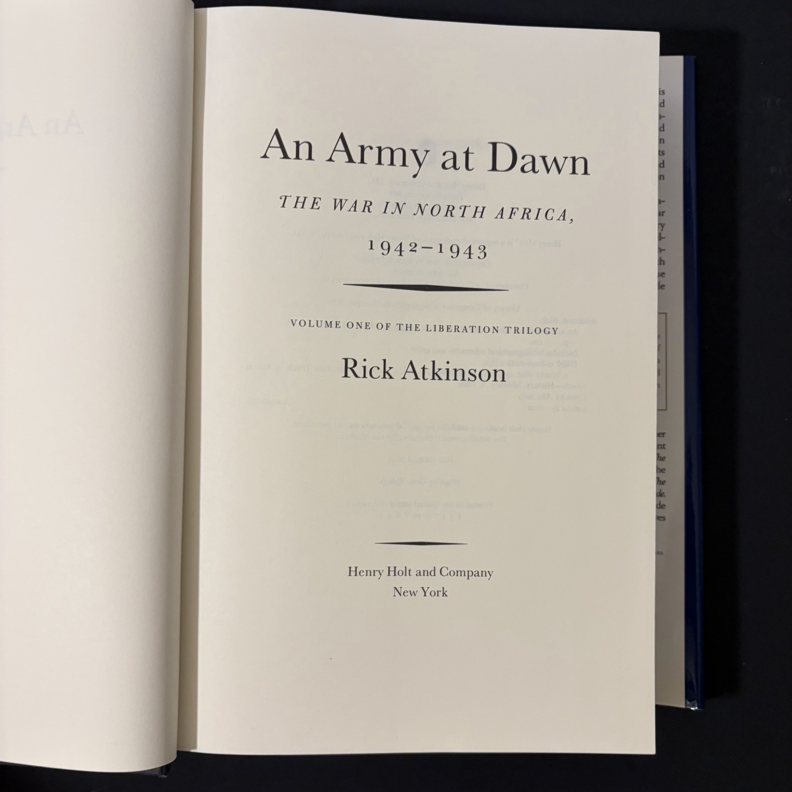 An Army at Dawn War in North Africa 1942 1943 Vol I Rick Atkinson 1st edition