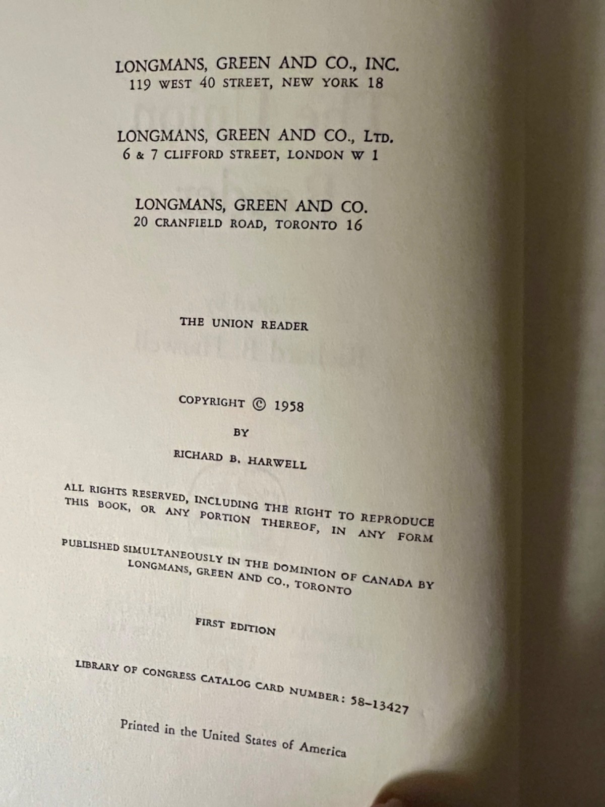 The Union Reader book by Richard B. Harwell 1958 1st Edition US Civil War HCDJ