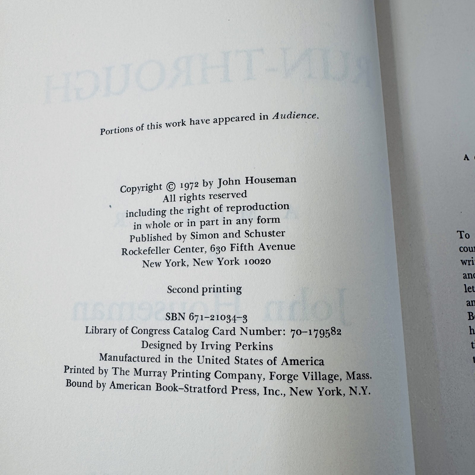 Run-Through – John Houseman 1972 Second Printing Simon and Schuster Memoir