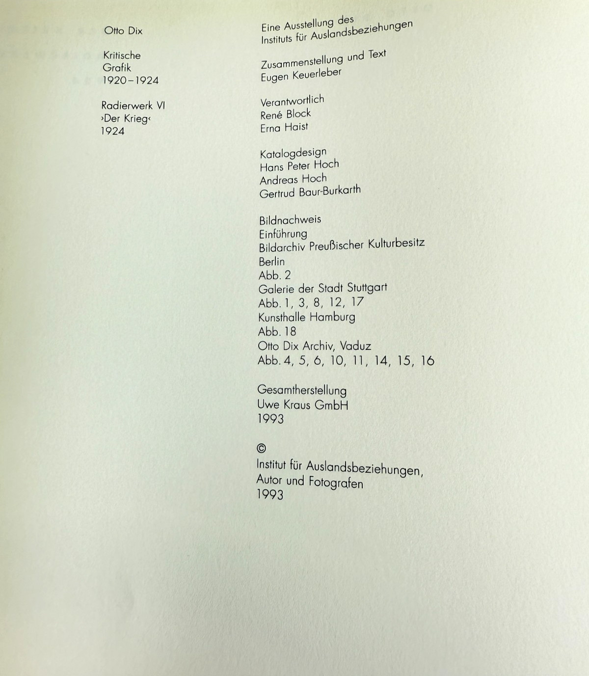Otto Dix Kritische Grafik 1920–1924 · Der Krieg · ifa Stuttgart 1993 Catalogue