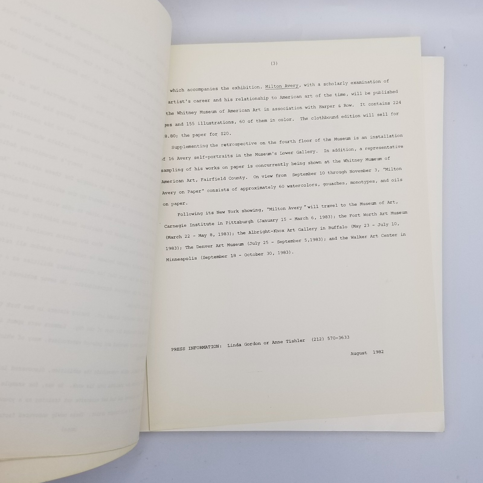 Milton Avery 1982 Whitney Exhibition Catalog 1st Ed – Press Release Included