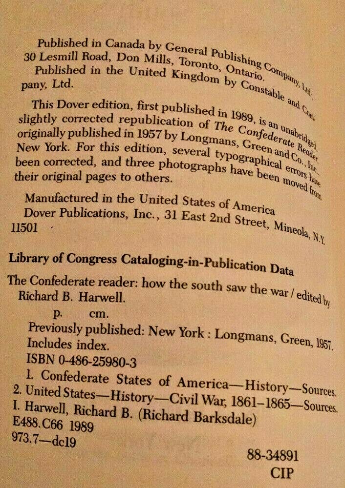 CONFEDERATE READER HOW THE SOUTH SAW THE WAR RICHARD HARWELL DOVER 1989 CIVIL.