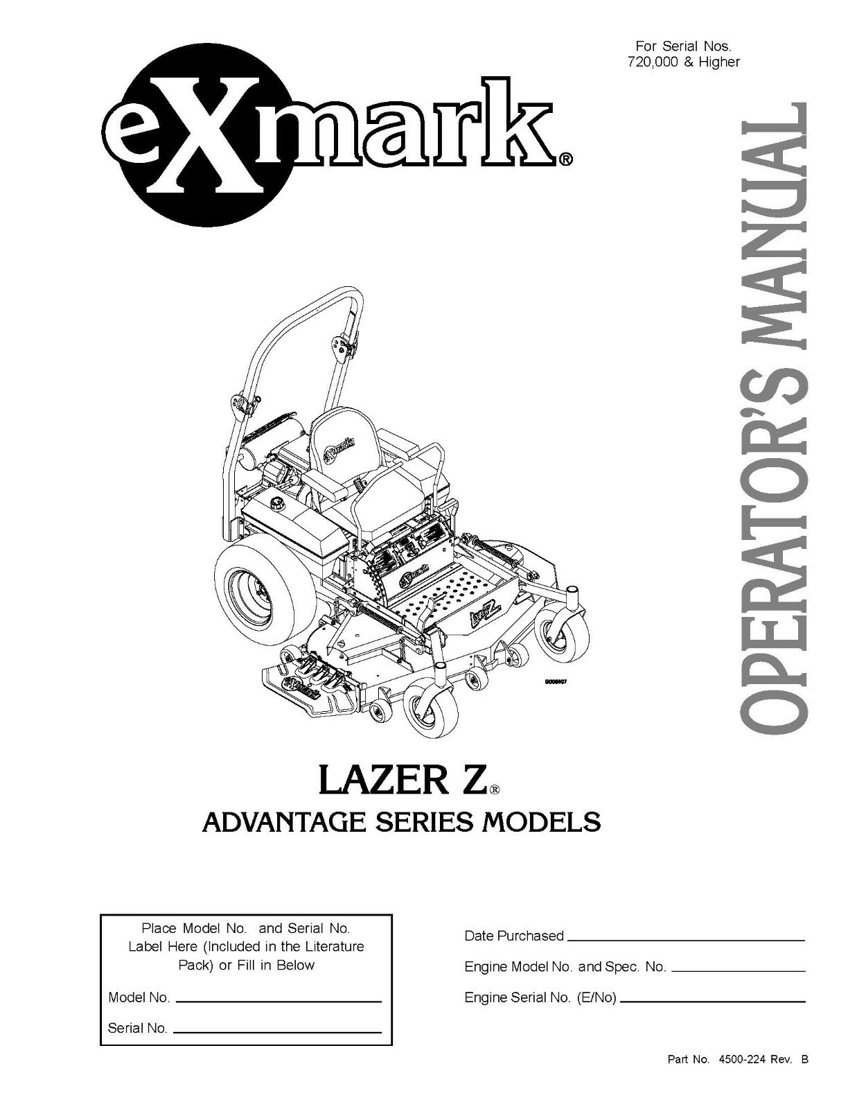 eXmark Lazer Z AS LAS28KA604 for SN 720K & Up Operator Manual & Part List