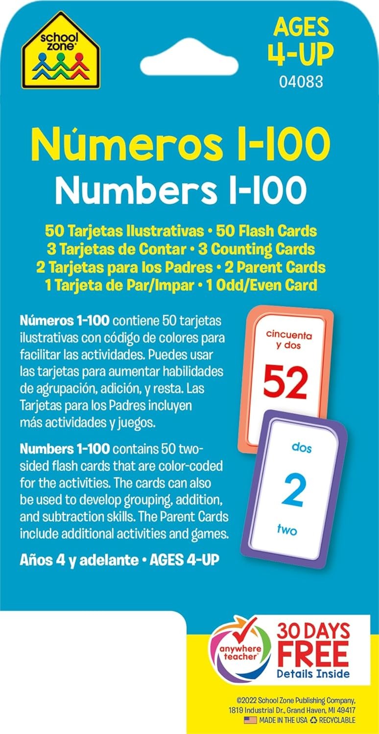 School Zone Spanish Numbers 1-100 Flash Cards: 56 Cards, Preschool,…
