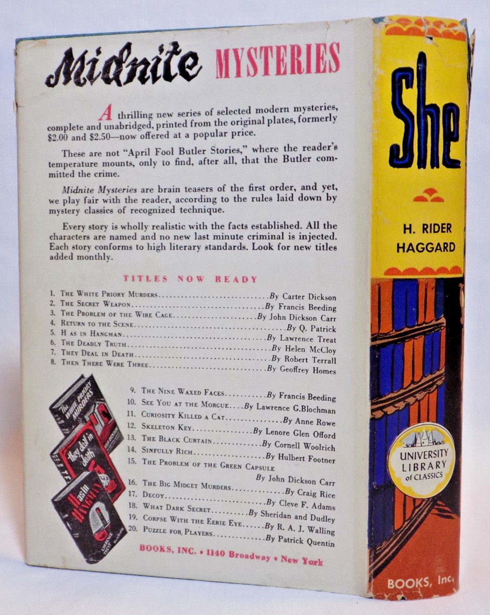 She by H. Rider Haggard, Books Inc. Reprint, HCDJ Fantasy Lost World Adventure