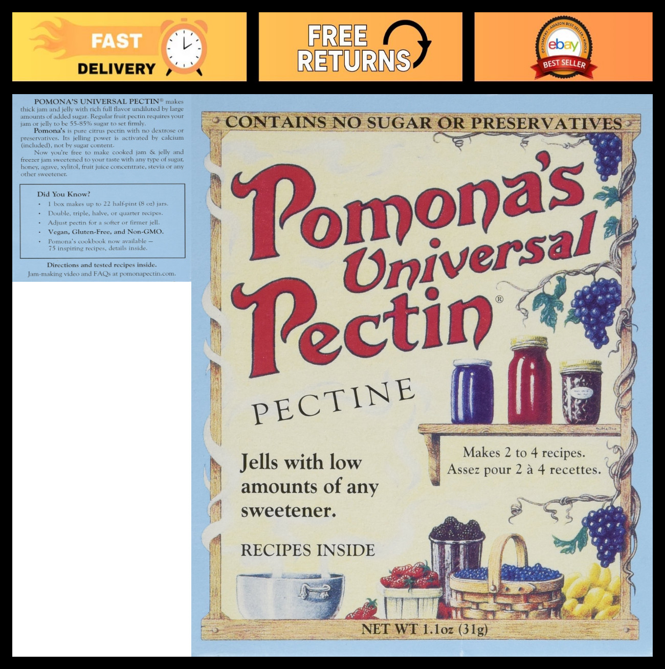Universal Pectin for Jams & Jellies, 1.1 oz (Pack of 3) – Ideal for Preserving