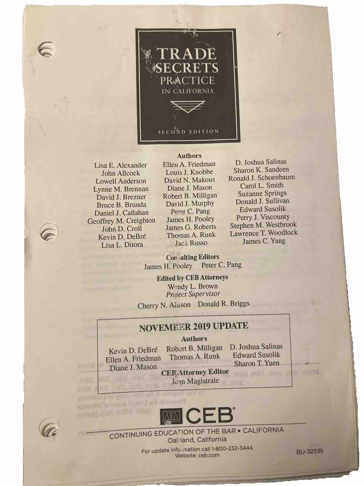 CEB 2019 Trade Secrets Practice in California Full Content tabs, tables, index