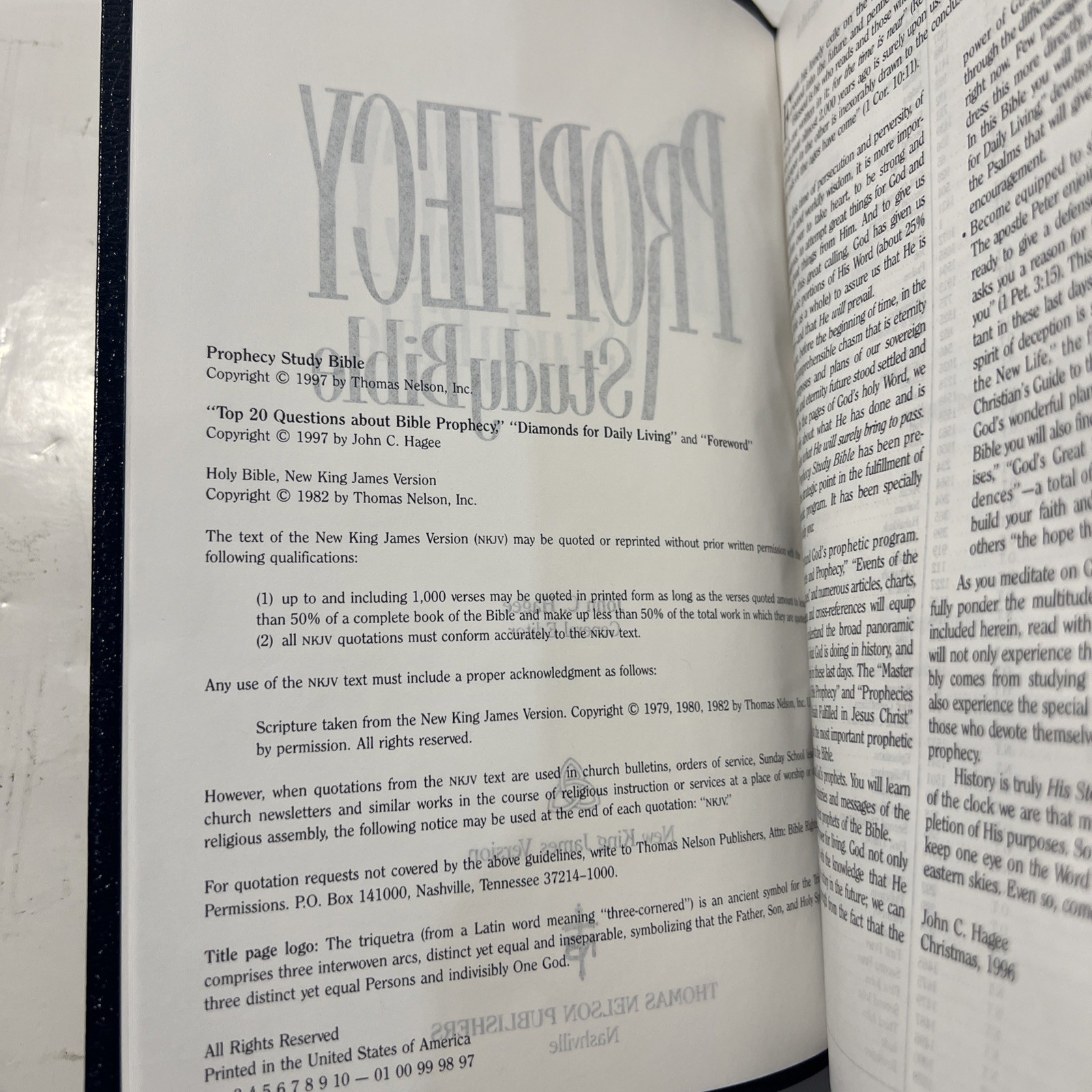 PROPHECY STUDY BIBLE NKJV NELSON 1465B GENUINE BONDED LEATHER JOHN HAGEE VG