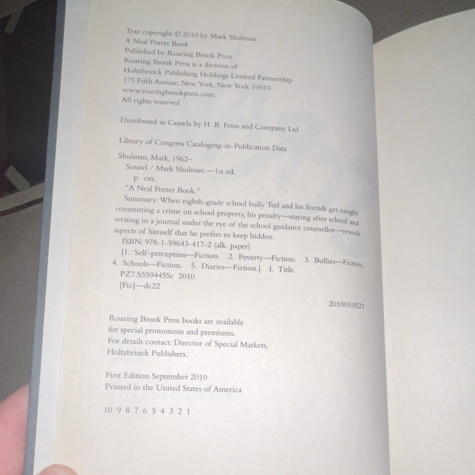Scrawl by Mark Shulman Roaring Brook Press First Edition 2010 Hardcover