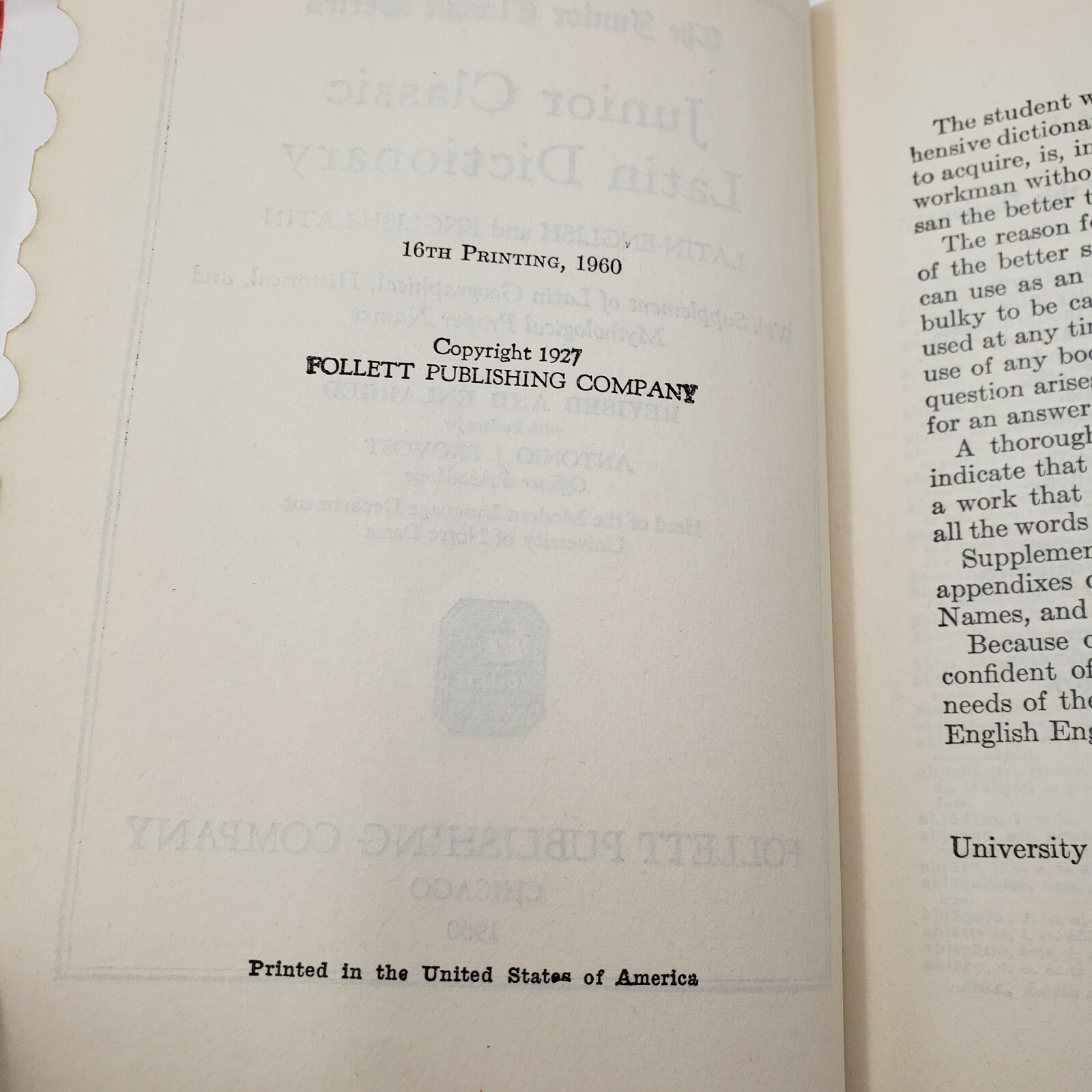Junior Classic Latin~English Finger Index Hardcover Dust Jacket 16th Print 1960