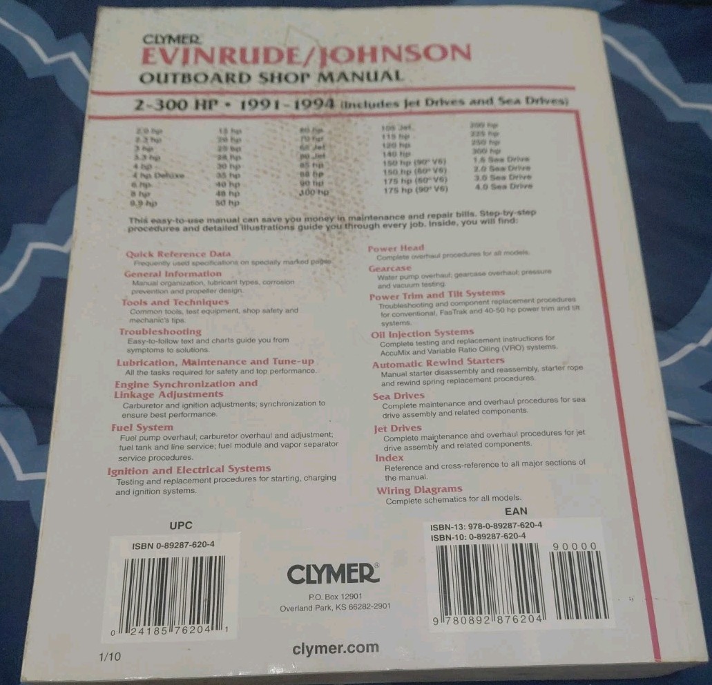 Clymer Evinrude/Johnson Outboard Shop 2-300 HP + Jet Drives/Sea Drives 1991-1994