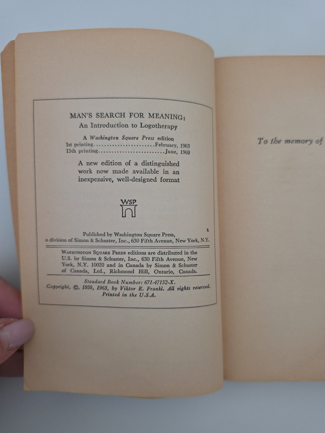 Man’s Search for Meaning Viktor E. Frankl 1969 WSP Psychology Self Help Book