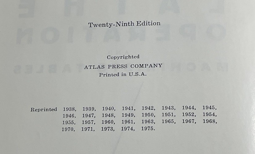 Manual of Lathe Operation and Machinists Tables Atlas Press 29th Edition 1975