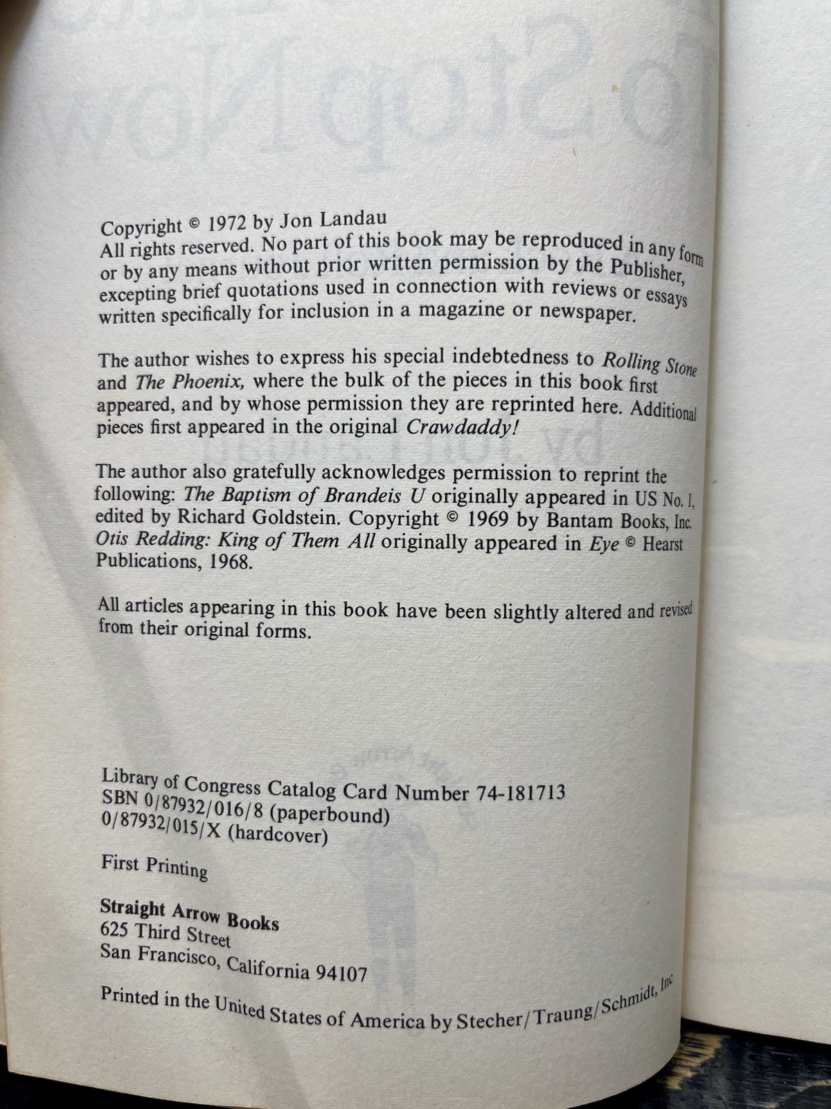 Its Too Late to Stop Now by Jon Landau 1972 Sftcvr Good N1