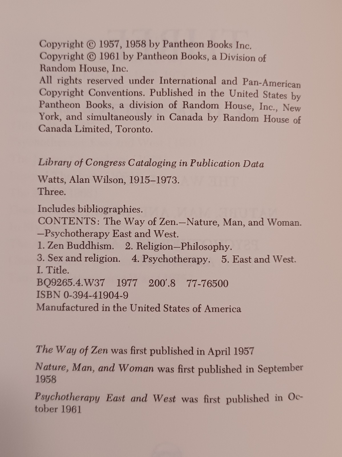 Alan Watts, Three. First Edition Hardcover. Excellent.