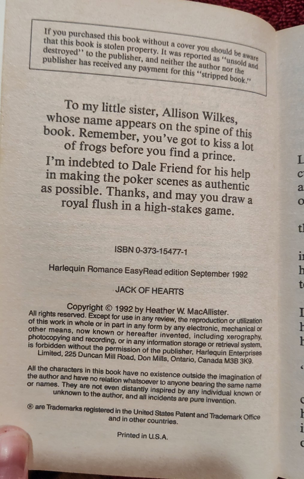 Jack Of Hearts Heather Allison 1992 Easy Read Print Paperback