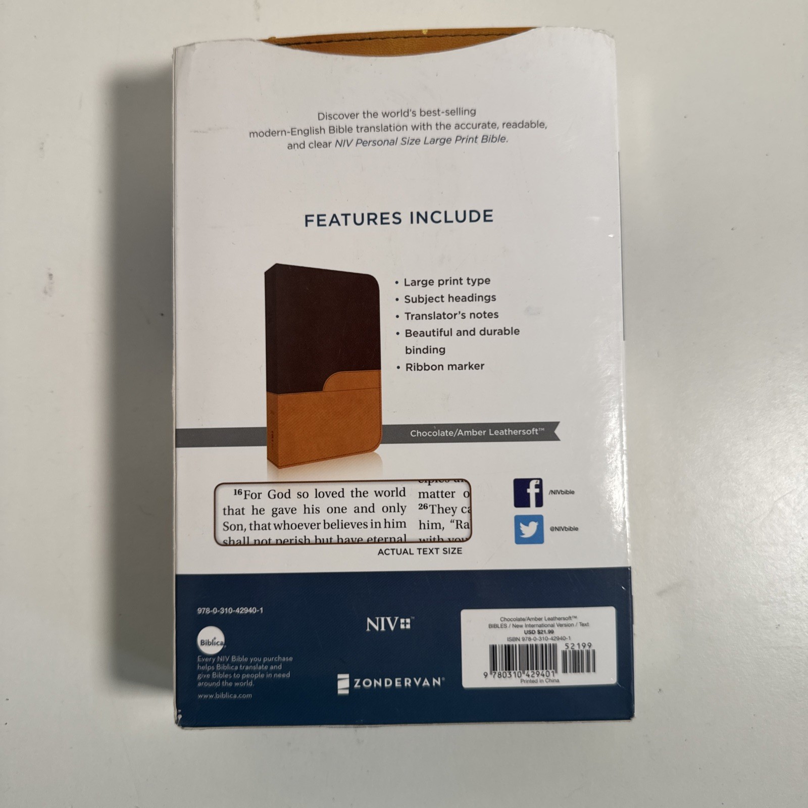 Brand New NIV Large Print Holy Bible Leather Soft Chocolate Amber Zondervan