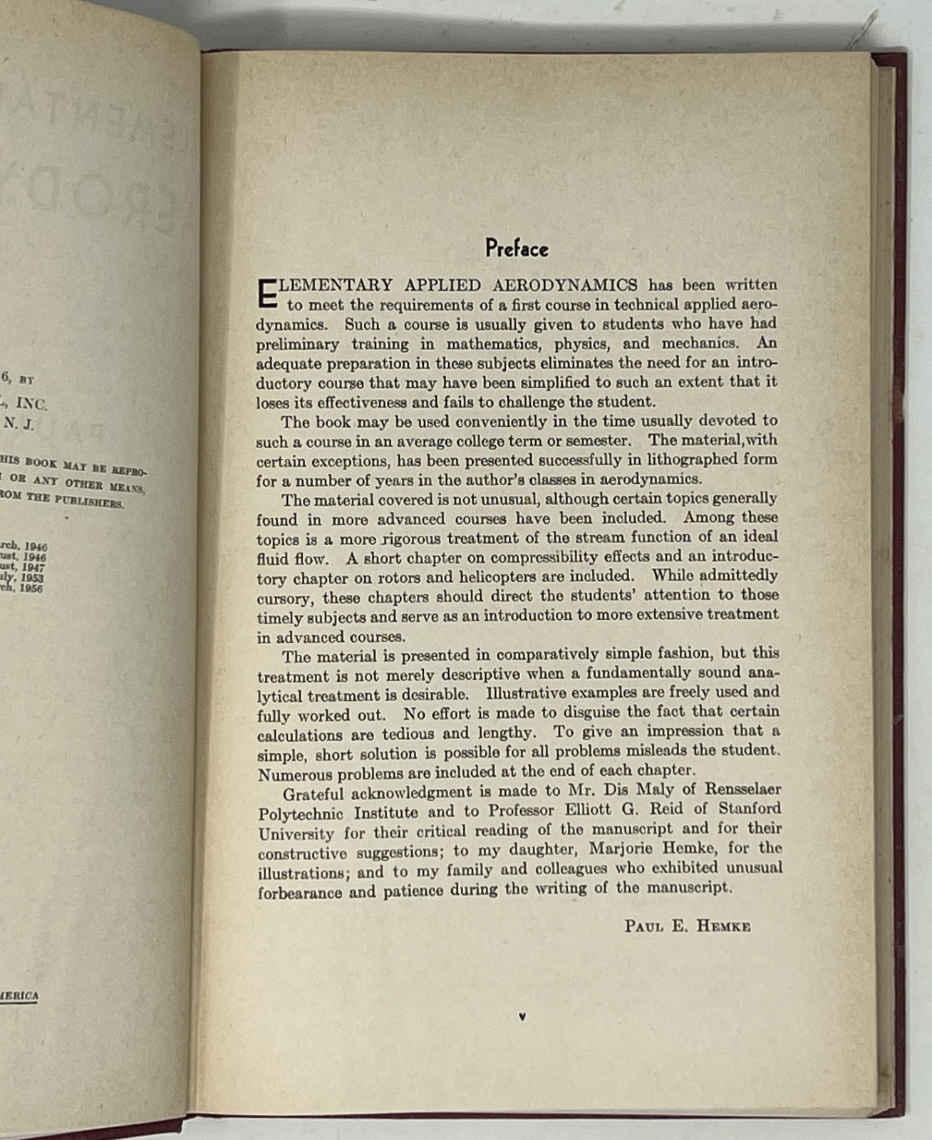 VTG Elementary Applied Aerodynamics by Paul E. Hemke – 1956 HC Pub Prentice-Hall