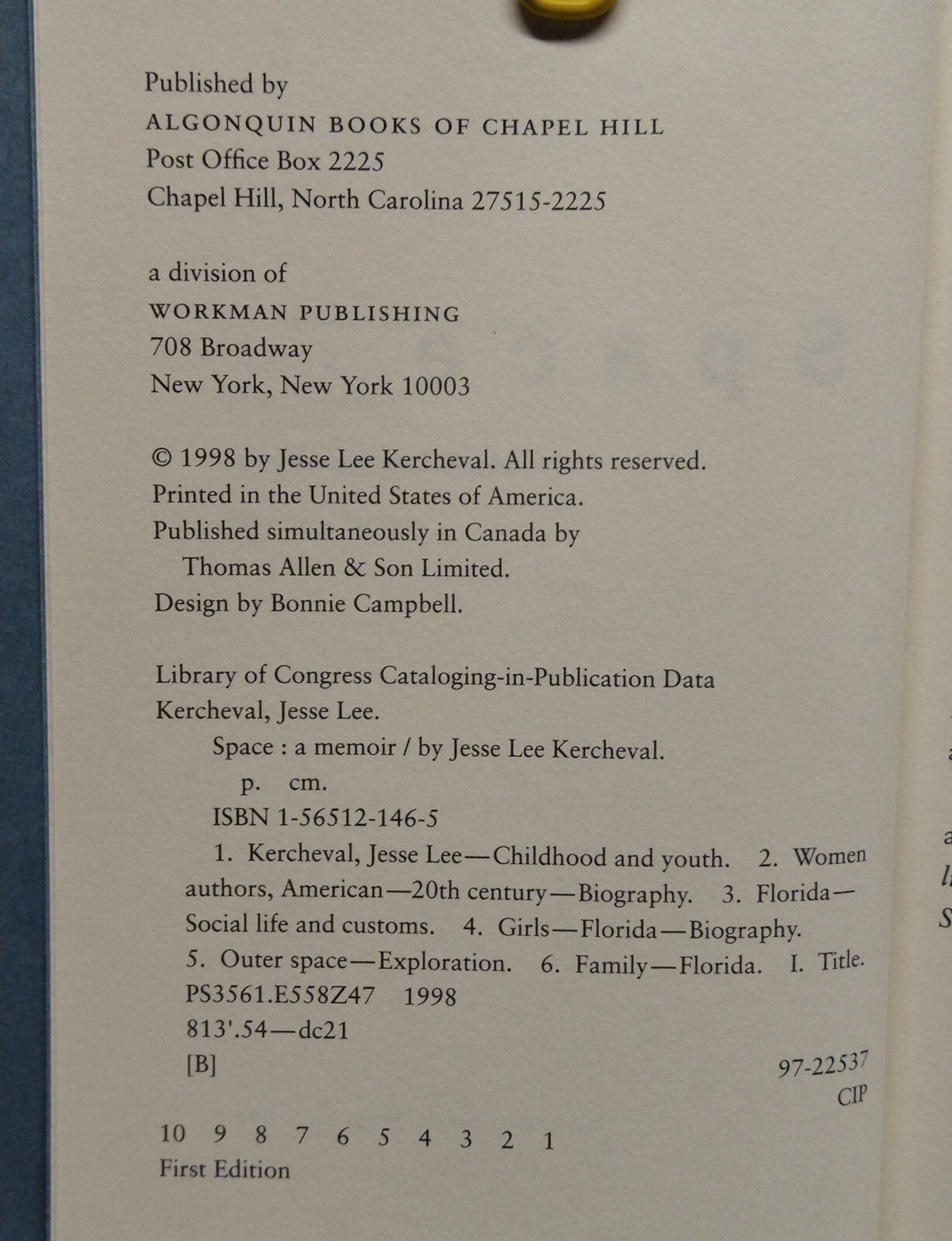 Space a Memoir, by Jesse Lee Kercheval, 1998, 1st Edt.