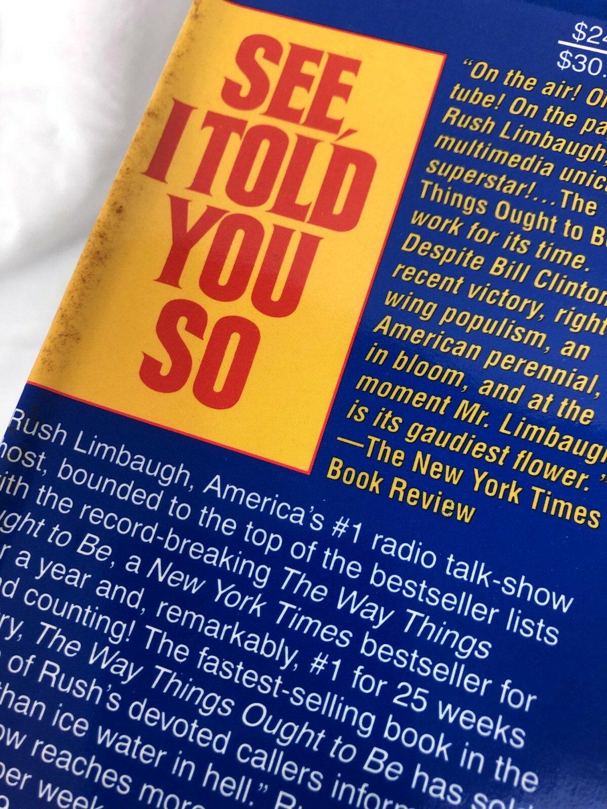 Vintage Book Blue 364 Pages- “See I Told You So” by Rush Limbaugh New York Times