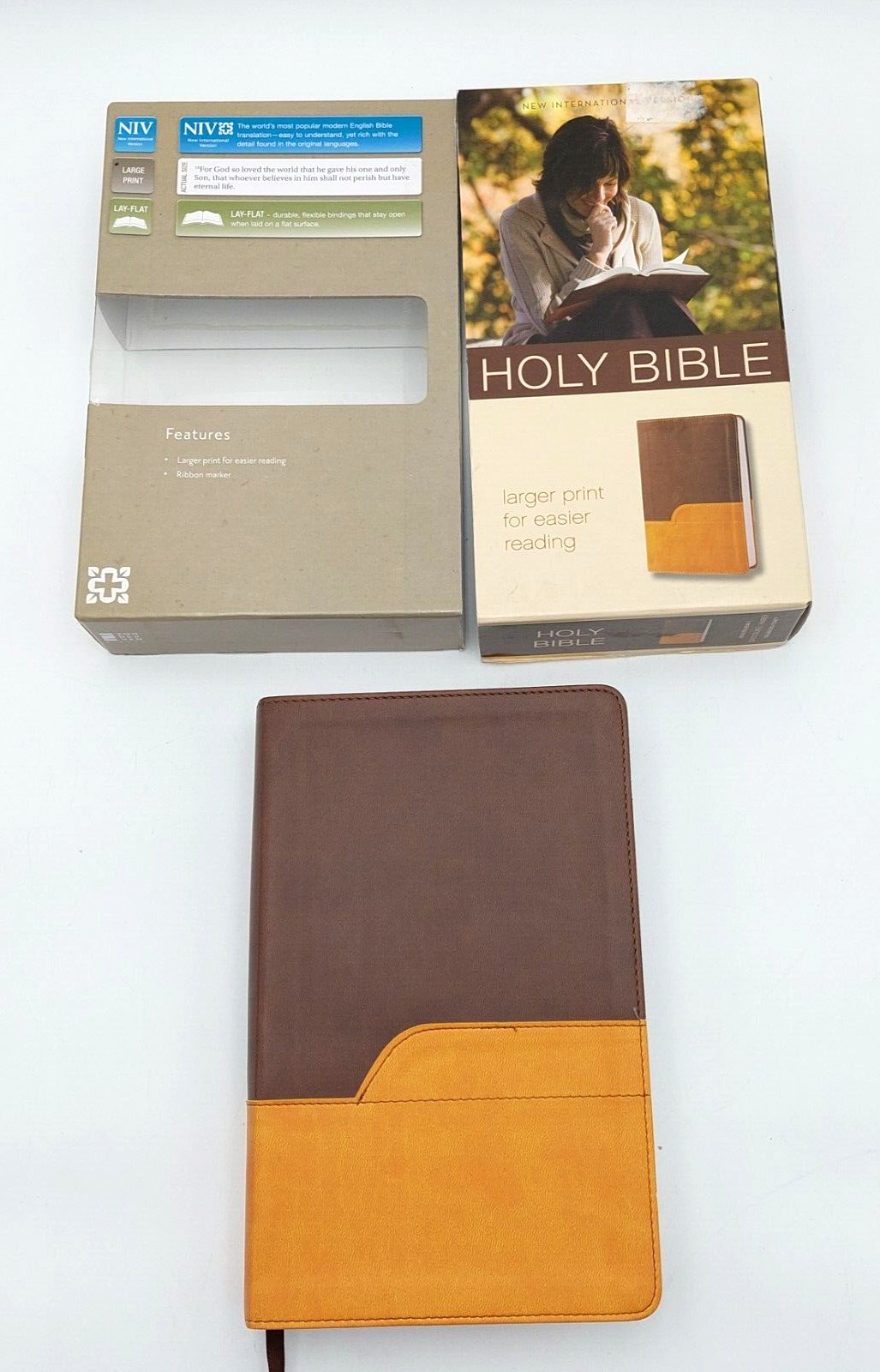 Zondervan NIV Large Print Lay-Flat Holy Bible Duo-Tone Chocolate/Amber w/Box
