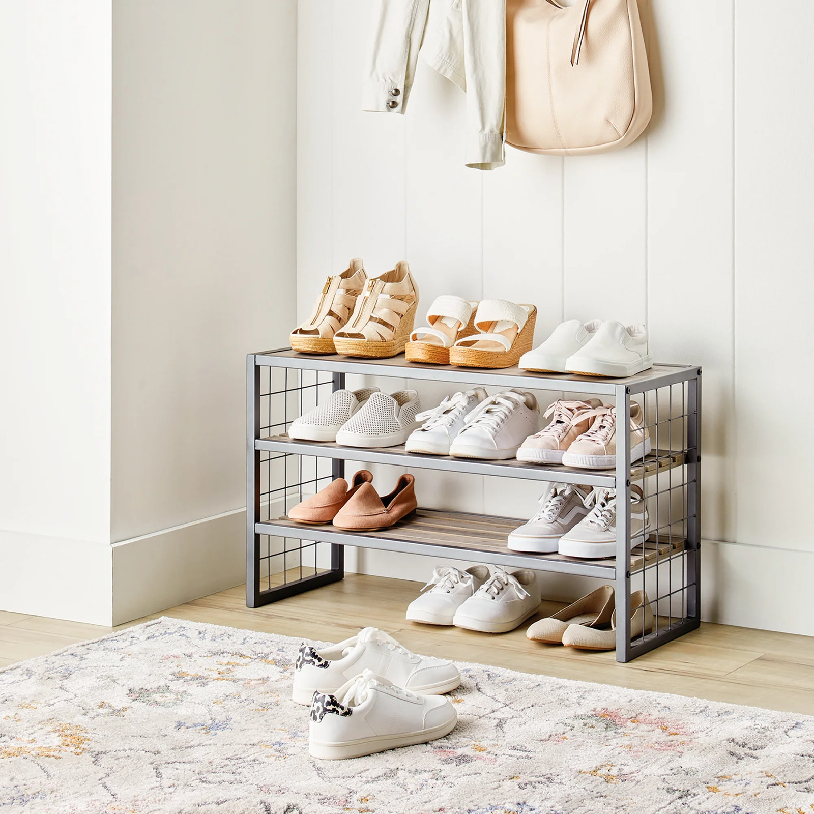 Better Homes & Gardens Farmhouse 3 Tier Shoe Rack Storage Organizer, Gray