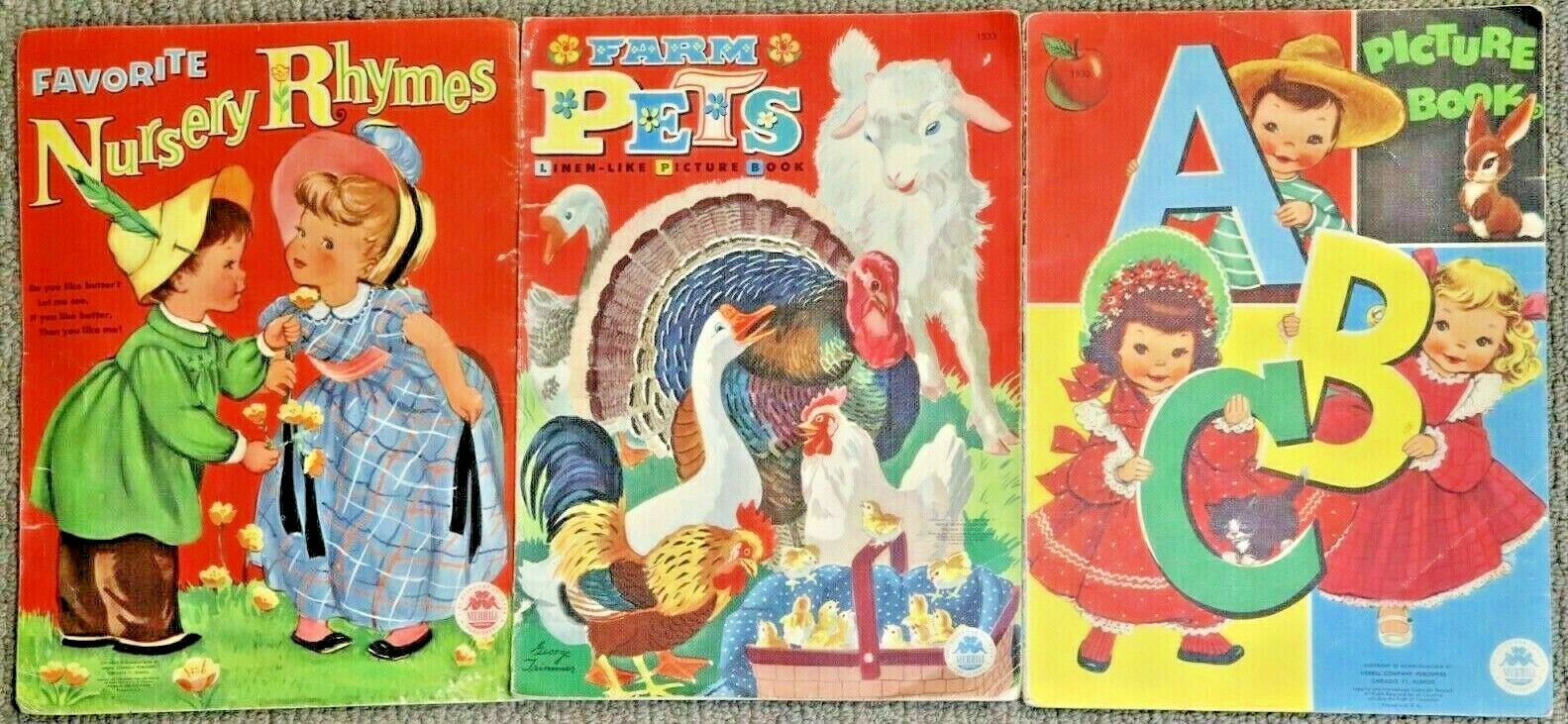 VTG Linen-Like Childrens Picture Books Nursery Rhymes, Farm Pets, ABC Merrill E8