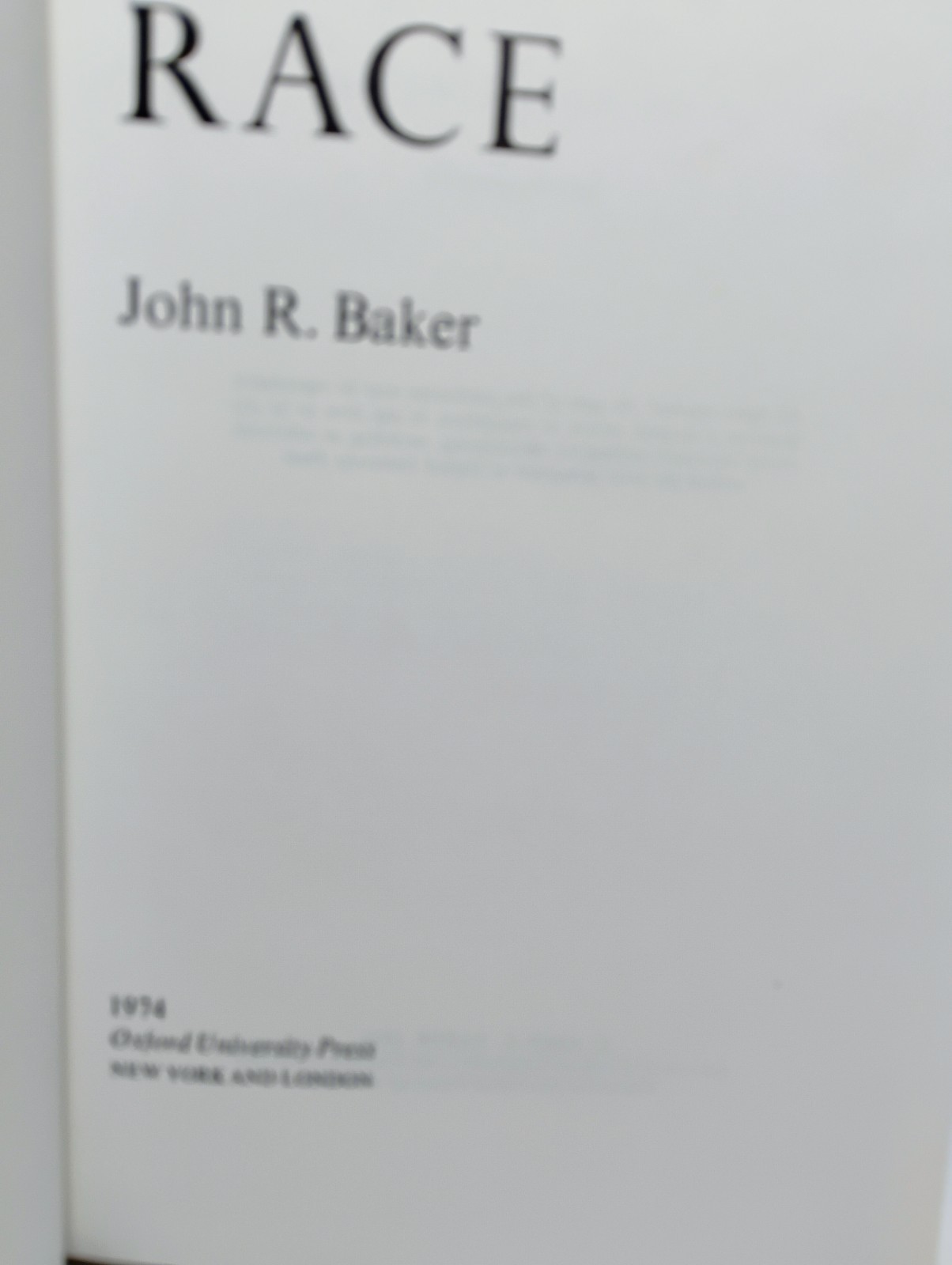 Race by John R. Baker 1974 Hardcover Dust Jacket