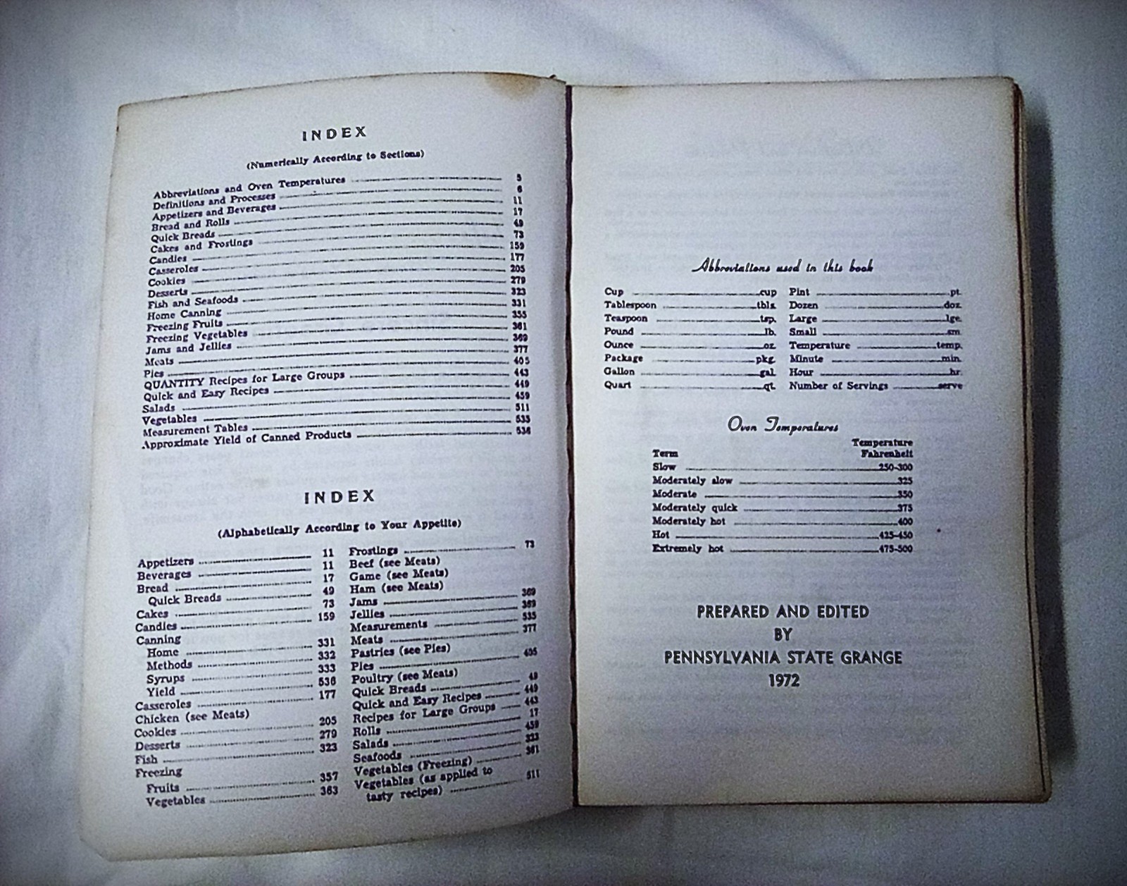 Vintage (1972) Grange Pennsylvania State Cookbook 536 Pages Over 1500 Recipes